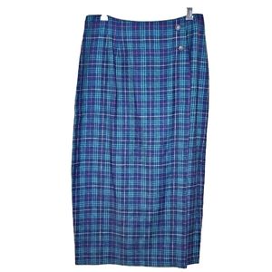 Vintage Leslie Fay Blue Plaid Faux Wrap Pencil Skirt Size 14